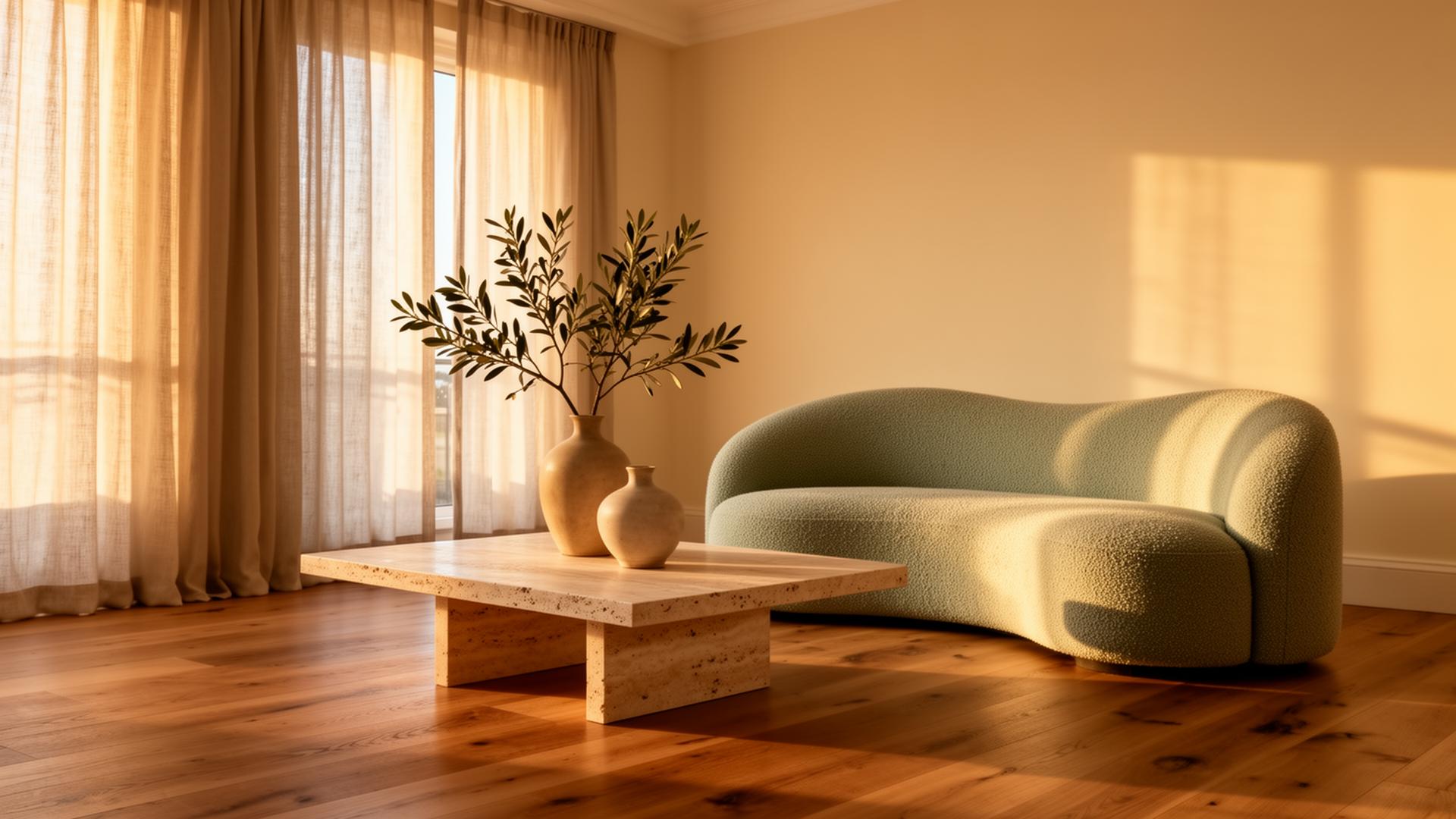 A dark, editorial short-term rental living room at dusk